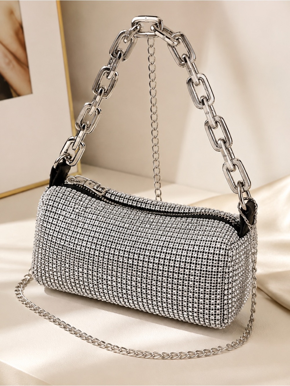 Silver Rhinestone Crystal Shoulder Bag – Sparkly Chain Evening Purse